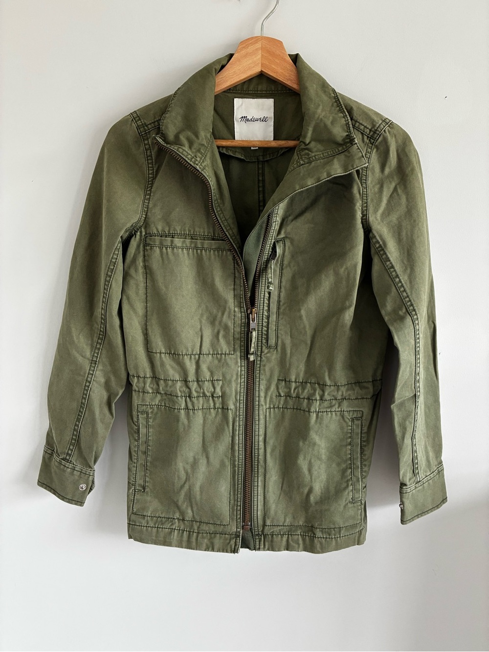 Madewell Jacket Womens XS Fleet Green Drawstring Waist Full Zipper Pocket Cotton